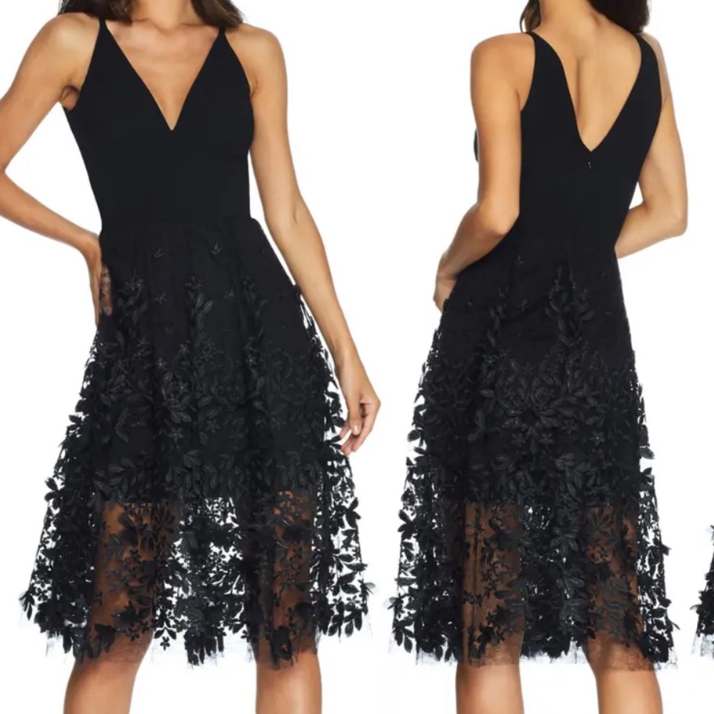 DRESS THE POPULATION Darleen V-Neck Embroidered Mesh Cocktail Dress, XS.  0187